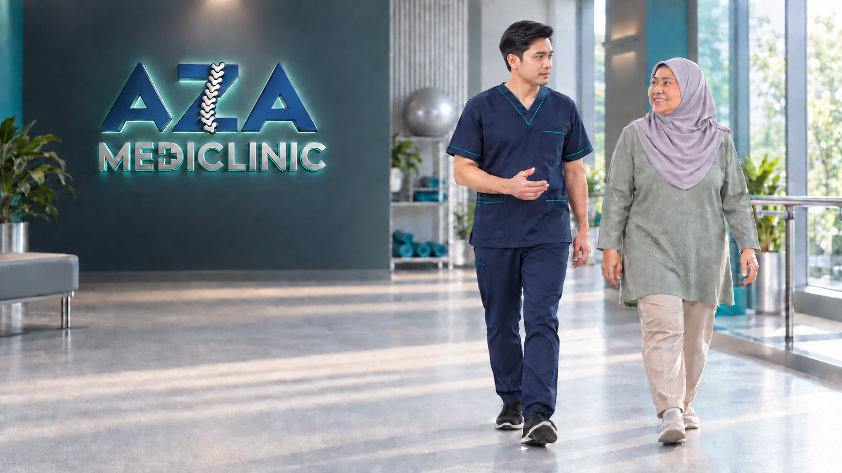 Illustrative professional clinic team portrait in a modern rehabilitation setting